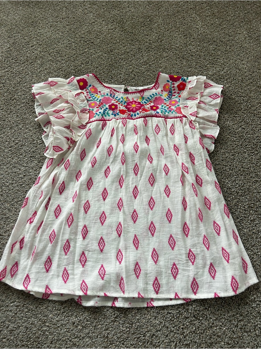 Blu Pepper White Top with Pink Diamond Print & Colorful Embroidered Yoke
